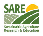SARE logo featuring a yellow setting sun and two green hills with contour lines
